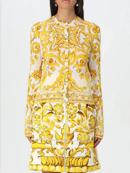 Majolica Print Yellow and White Silk Cardigan Sweater - Sweaters & Knitwear