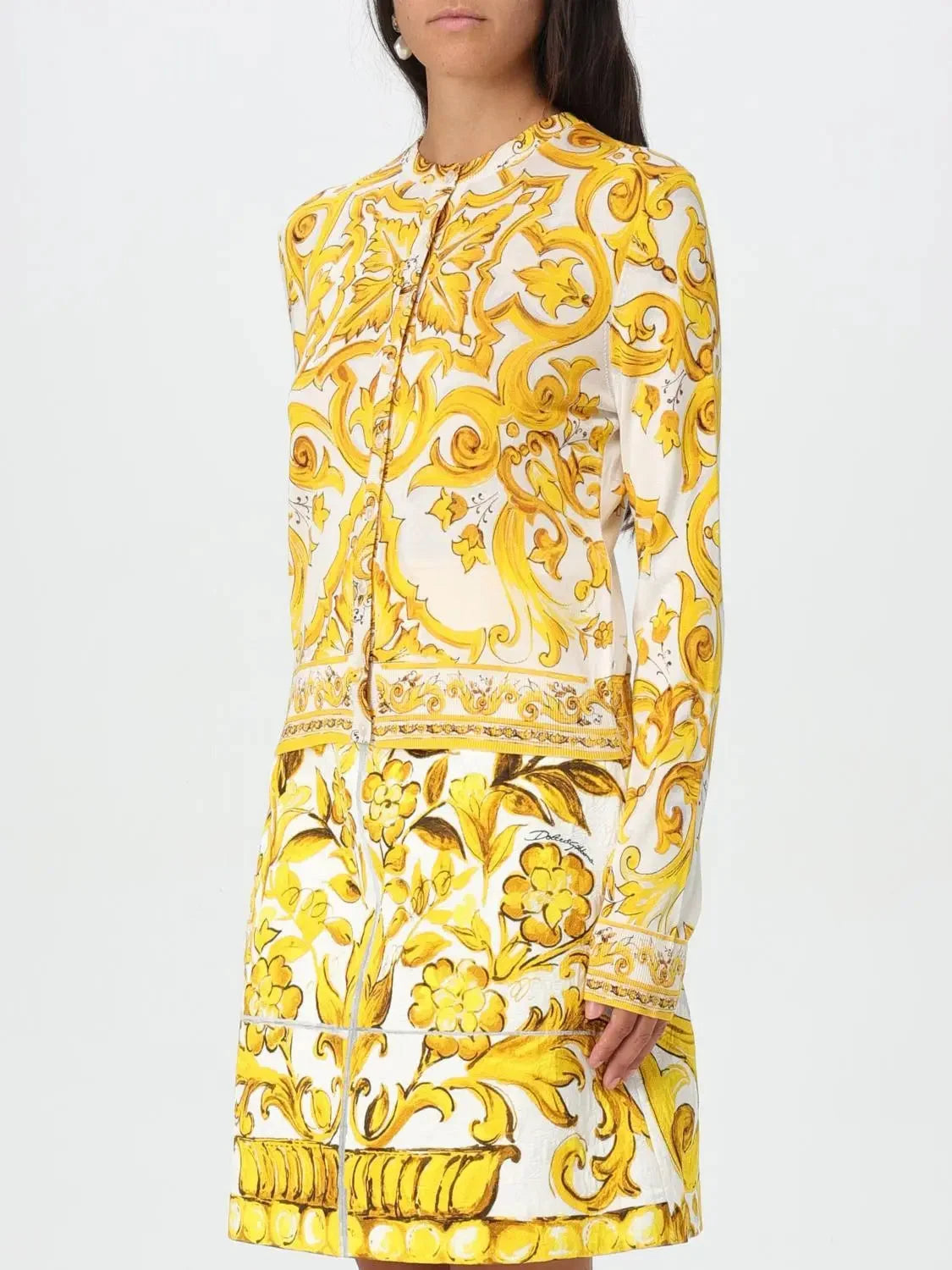 Majolica Print Yellow and White Silk Cardigan Sweater - Sweaters & Knitwear