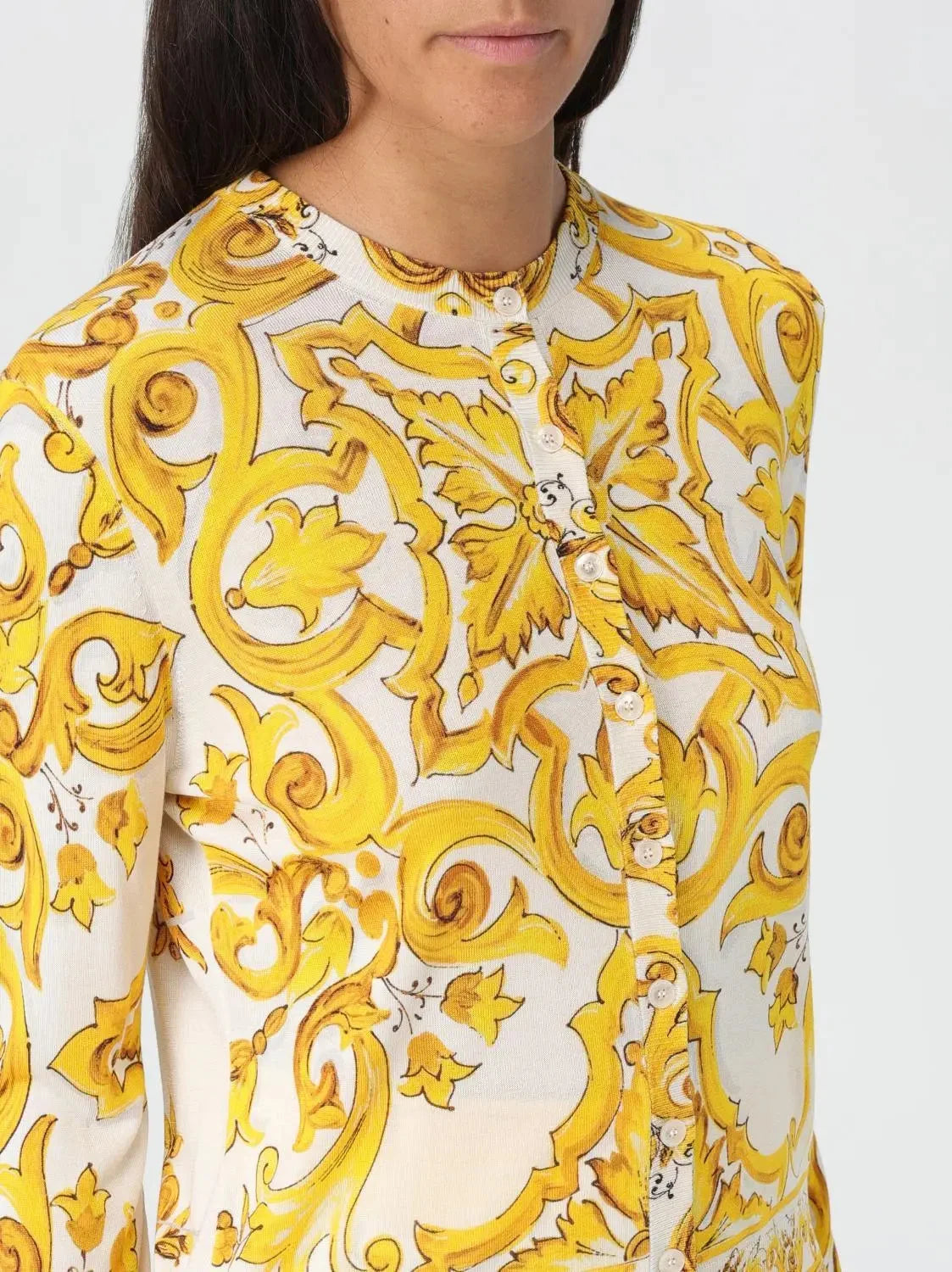 Majolica Print Yellow and White Silk Cardigan Sweater - Sweaters & Knitwear