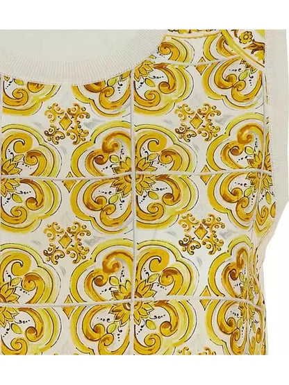 Majolica Print Yellow Knit Silk-Front Top - Tops