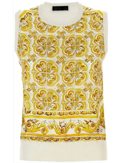 Majolica Print Yellow Knit Silk-Front Top - Tops