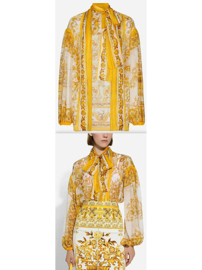 Majolica Printed Chiffon Blouse in Yellow and White - small - Tops