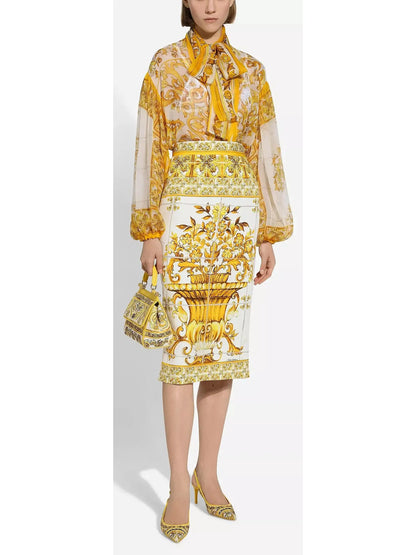 Majolica Printed Chiffon Blouse in Yellow and White - Tops