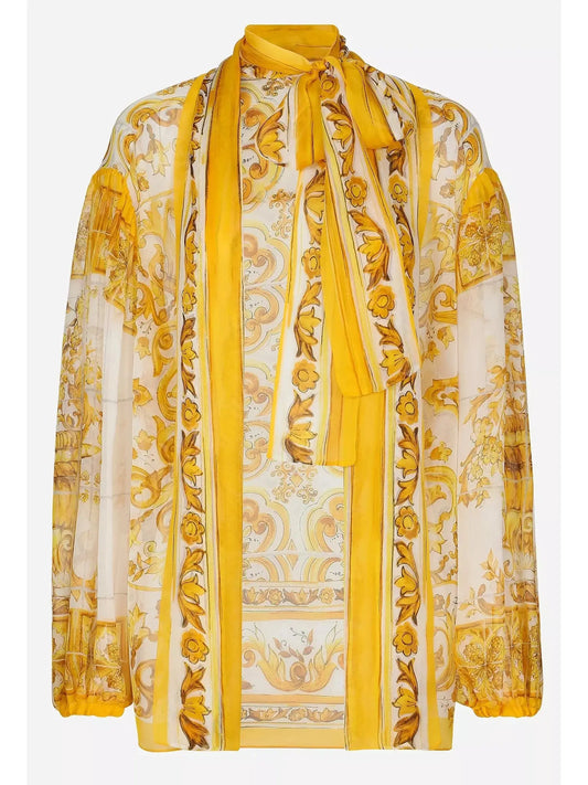 Majolica Printed Chiffon Blouse in Yellow and White - Tops