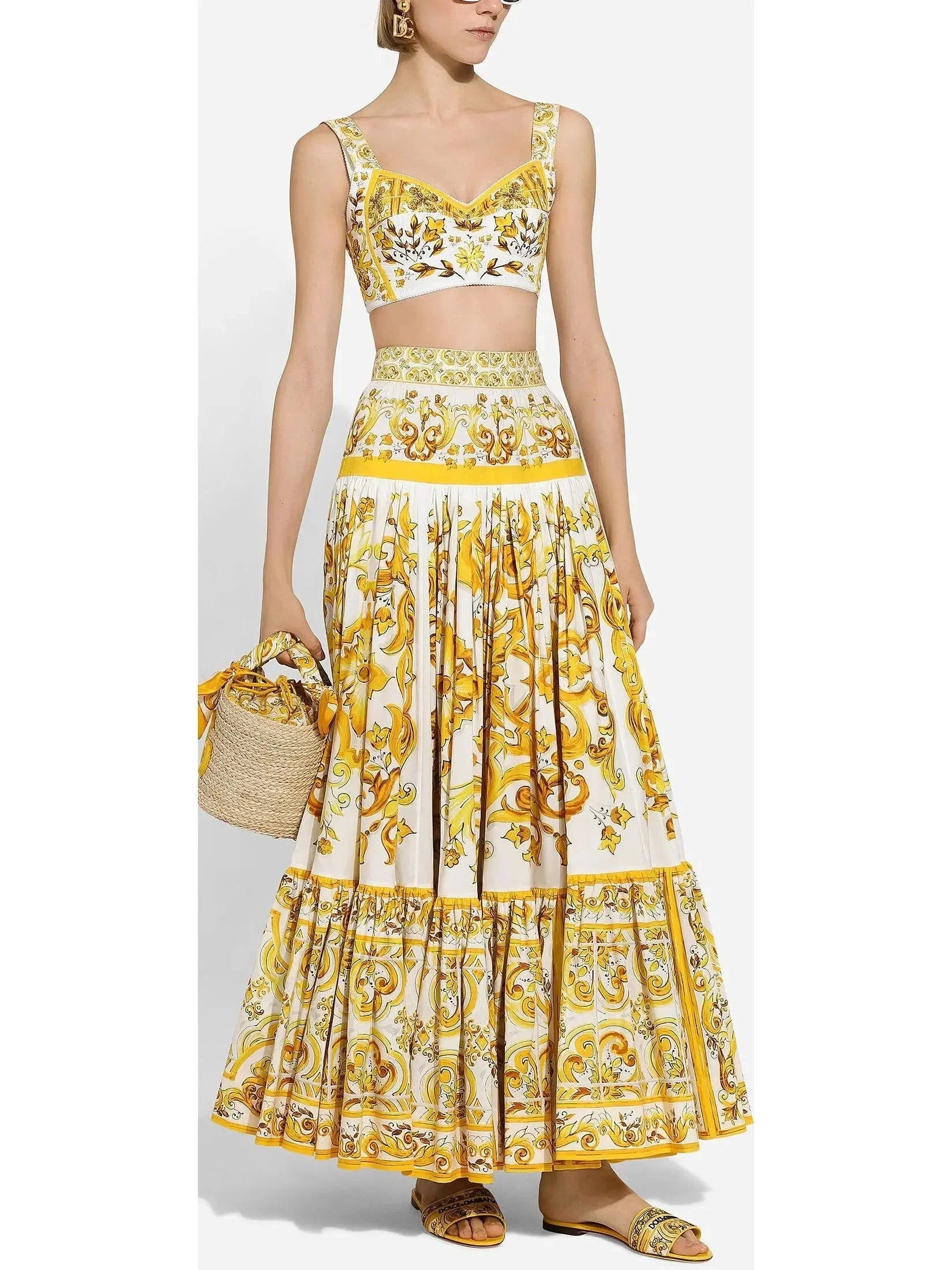 Majolica Printed Cotton Poplin Long Skirt in Yellow and White - Skirts