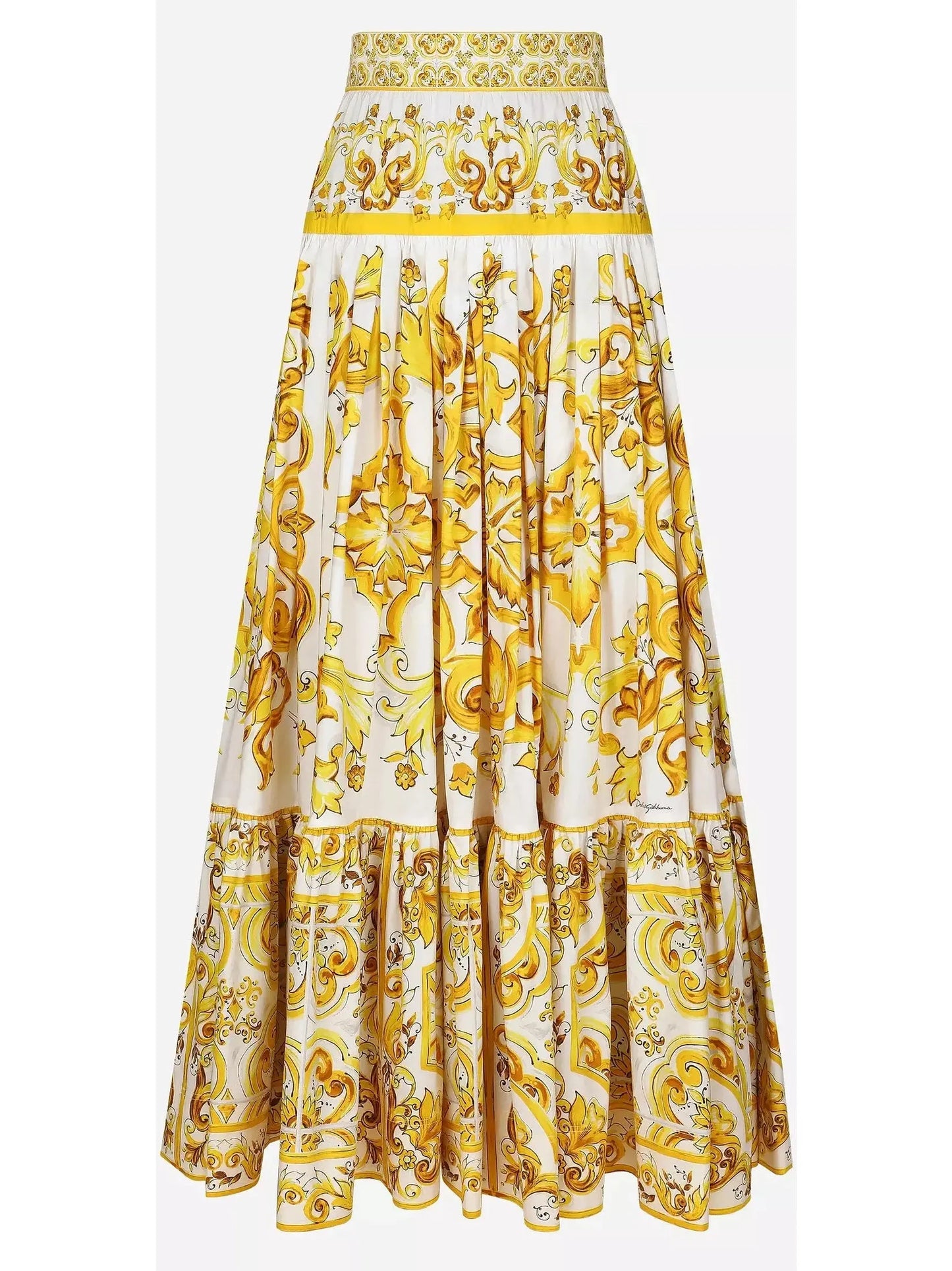 Majolica Printed Cotton Poplin Long Skirt in Yellow and White - Skirts