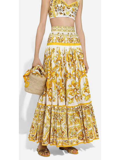 Majolica Printed Cotton Poplin Long Skirt in Yellow and White - Skirts