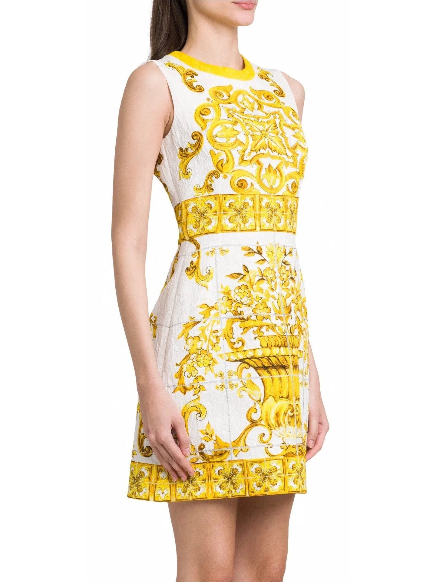 Majolica Printed Jacquard Mini Dress in Yellow and White - Dresses