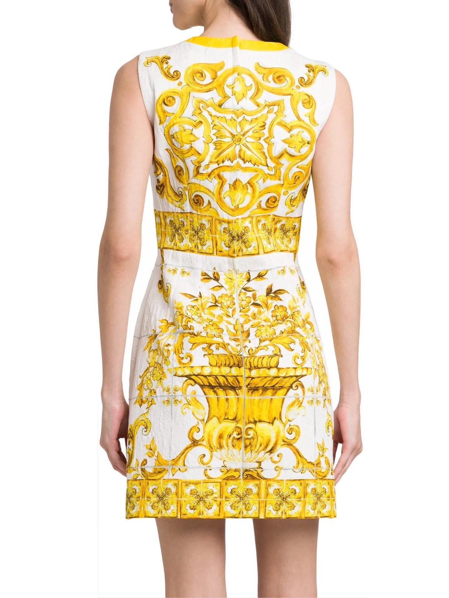 Majolica Printed Jacquard Mini Dress in Yellow and White - Dresses