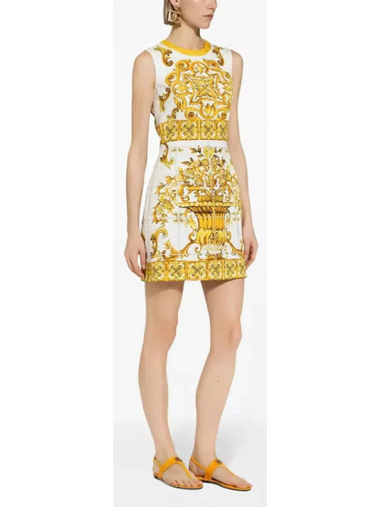 Majolica Printed Jacquard Mini Dress in Yellow and White - Dresses