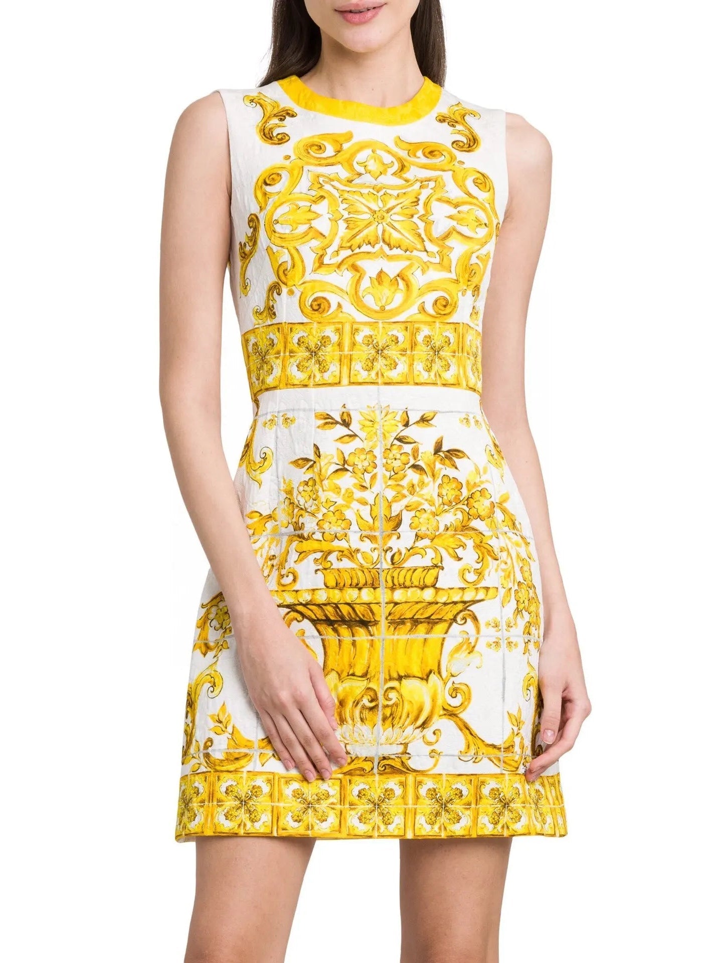 Majolica Printed Jacquard Mini Dress in Yellow and White - Dresses