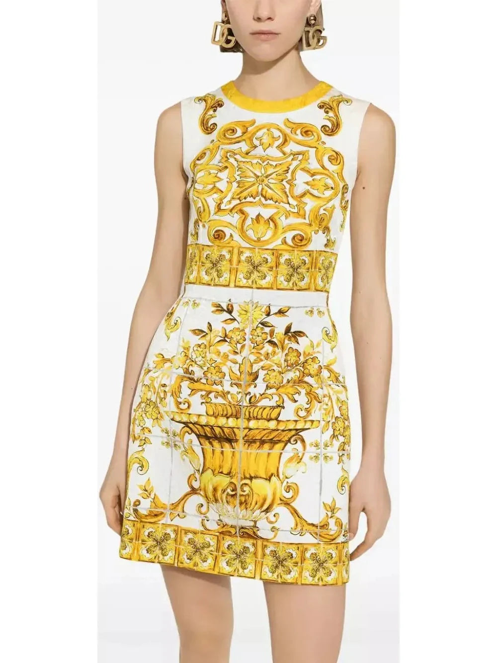 Majolica Printed Jacquard Mini Dress in Yellow and White - Dresses