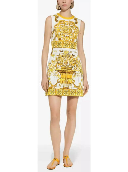 Majolica Printed Jacquard Mini Dress in Yellow and White - Dresses