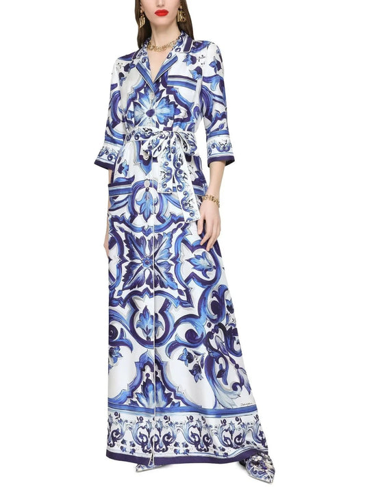 Majolica Printed Long Twill Shirt Dress Blue - small - Dresses