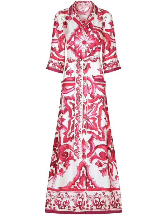 Majolica Printed Long Twill Shirt Dress Red - small - Dresses