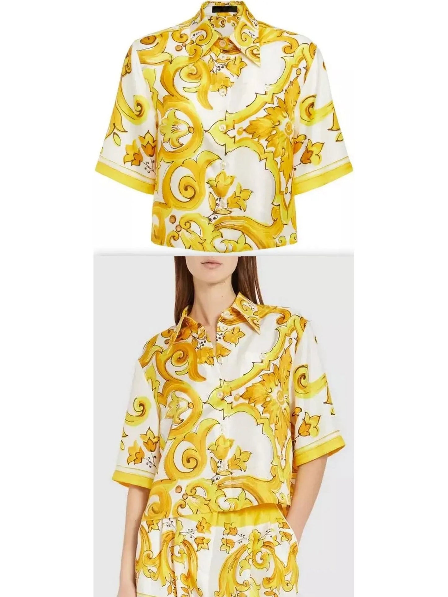 Majolica Printed Short-Sleeve Silk Shirt - Tops