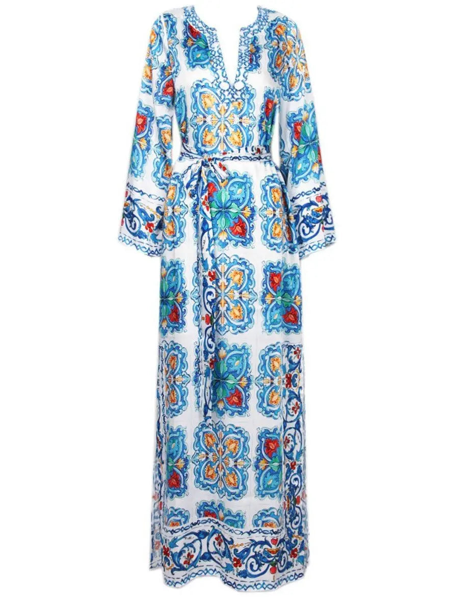 Majolica Tile Print Long Kaftan Dress - Dresses