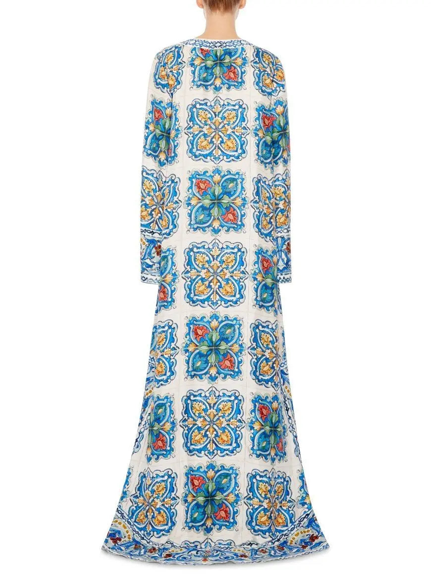 Majolica Tile Print Long Kaftan Dress - Dresses