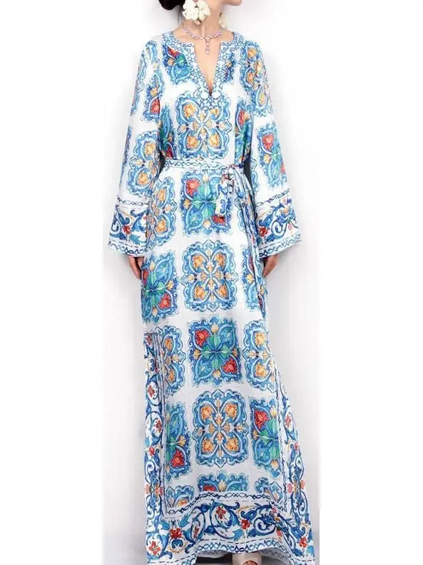 Majolica Tile Print Long Kaftan Dress - Dresses