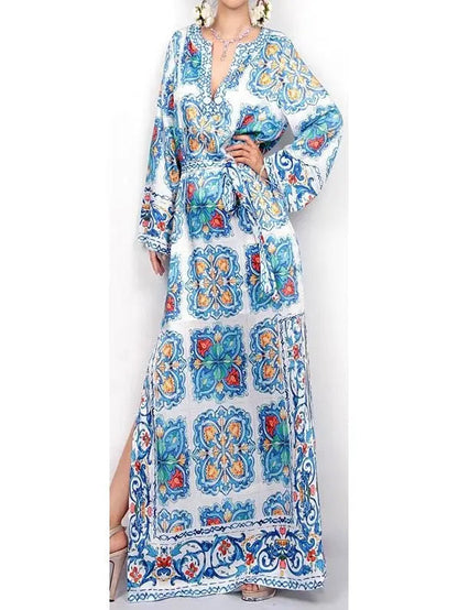 Majolica Tile Print Long Kaftan Dress - Dresses