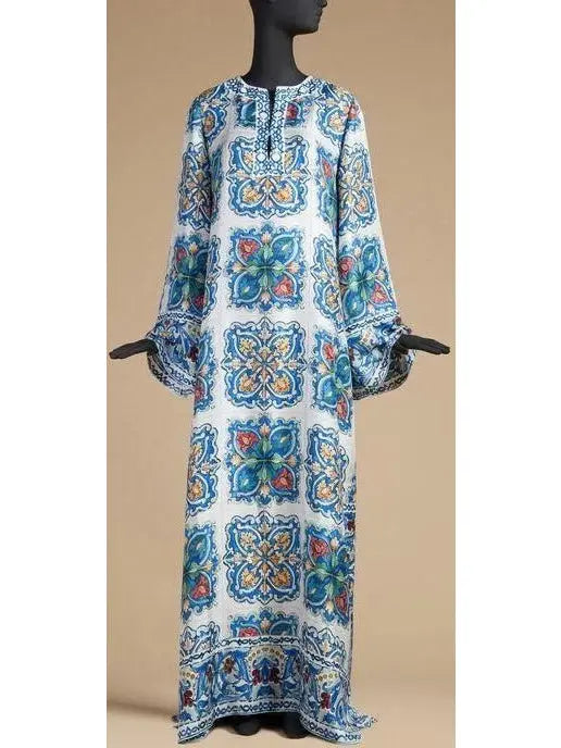 Majolica Tile Print Long Kaftan Dress - Dresses