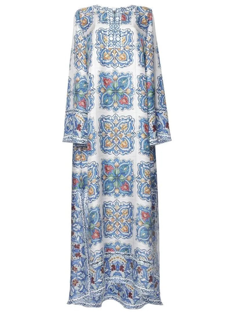 Majolica Tile Print Long Kaftan Dress - Dresses