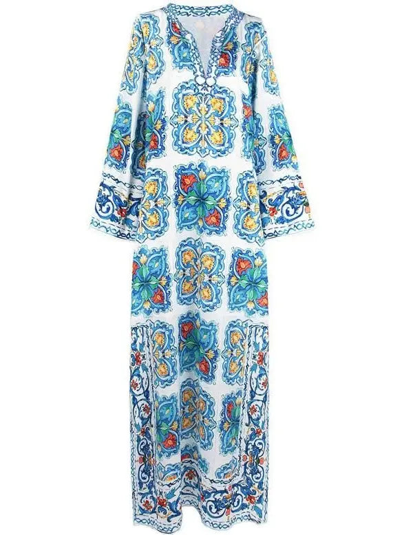 Majolica Tile Print Long Kaftan Dress - Dresses