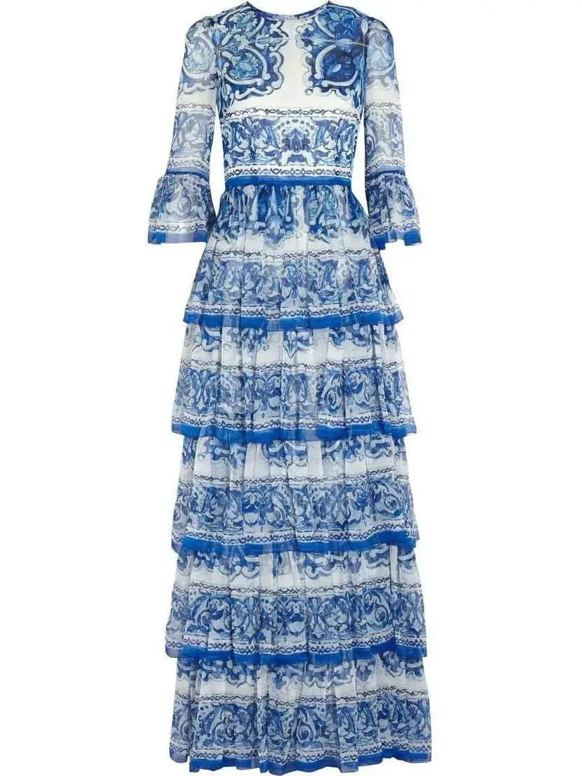 Majolica Tile Printed Tiered Gown - Dresses