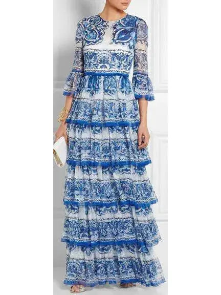 Majolica Tile Printed Tiered Gown - s - Dresses