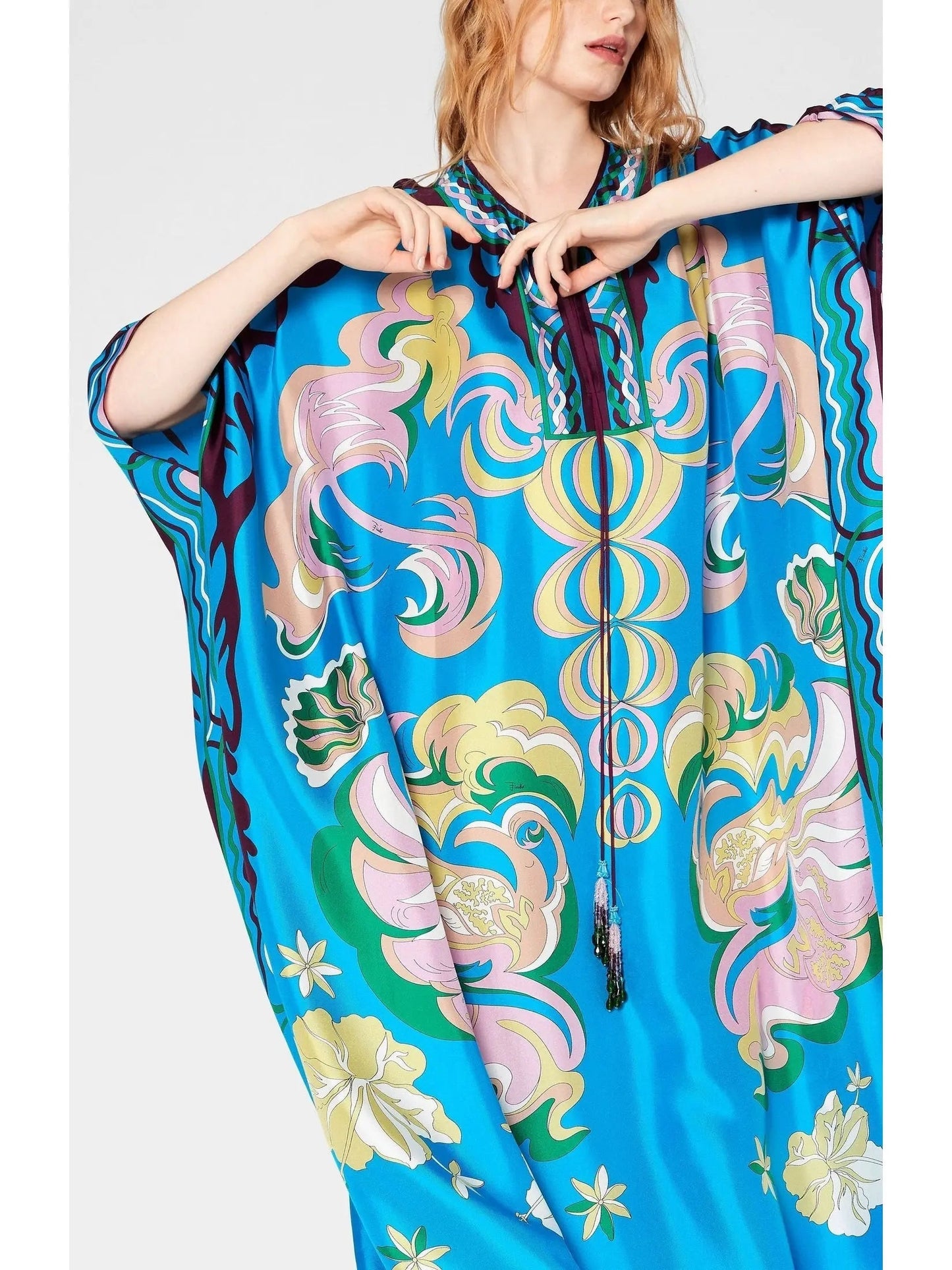 Manu Print Beaded Tassel Silk Kaftan - Dresses