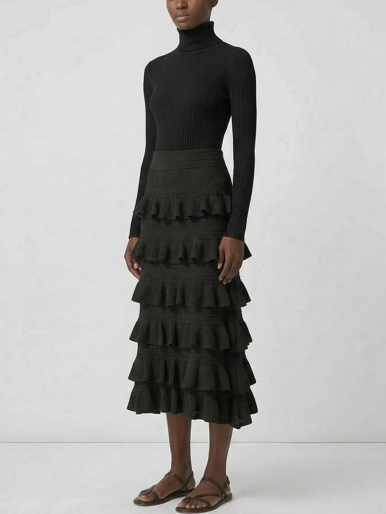 Mesh Knit Tiered Ruffle Midi Skirt - Skirts
