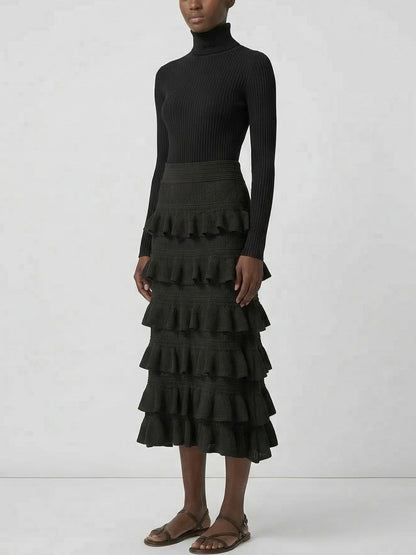 Mesh Knit Tiered Ruffle Midi Skirt - Skirts