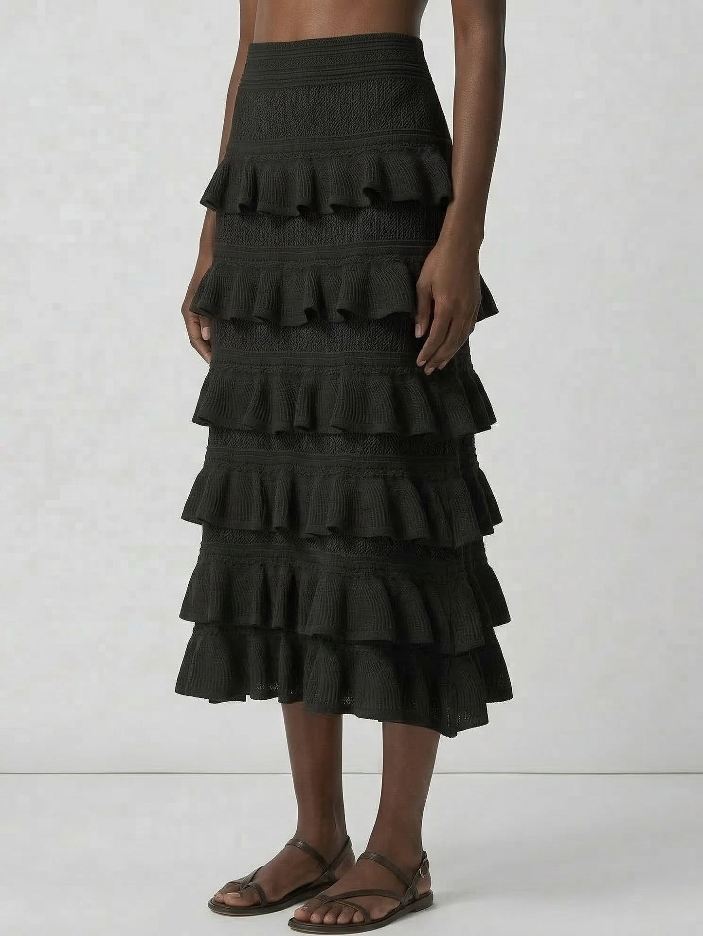 Mesh Knit Tiered Ruffle Midi Skirt - Skirts