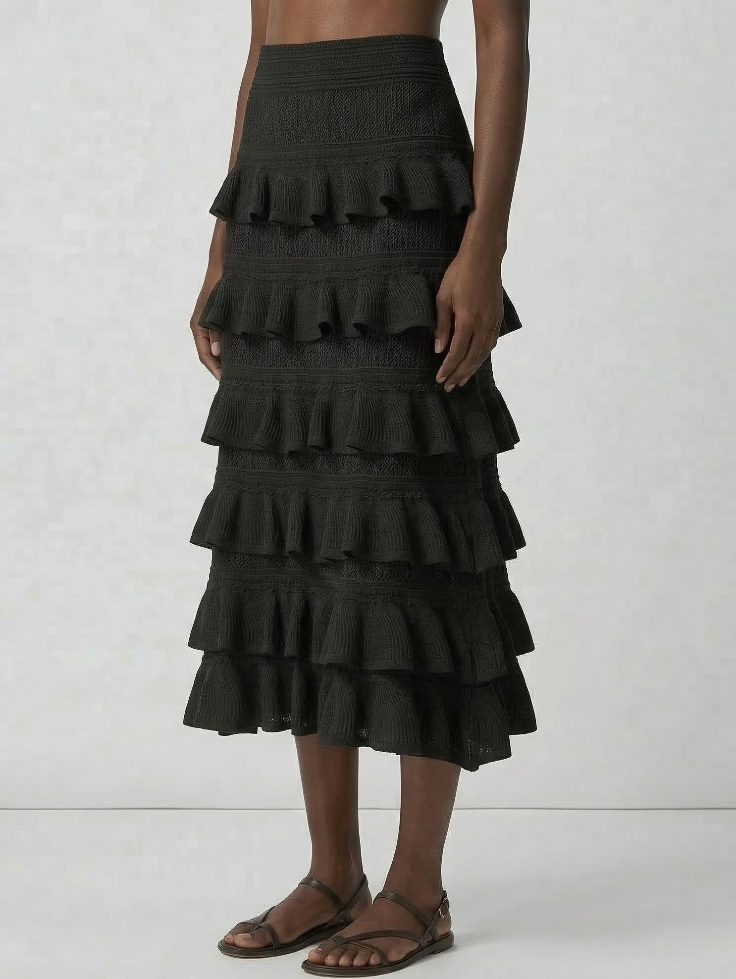Mesh Knit Tiered Ruffle Midi Skirt - Skirts