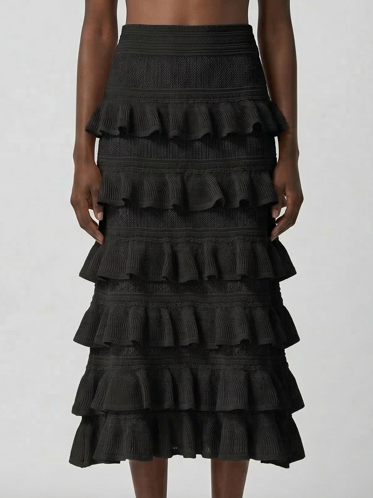Mesh Knit Tiered Ruffle Midi Skirt - Skirts