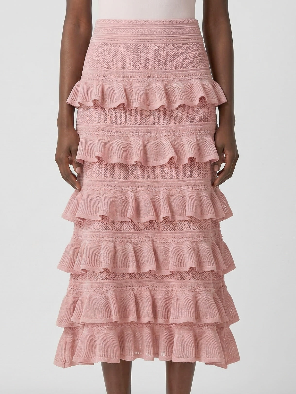 Mesh Knit Tiered Ruffle Midi Skirt - Skirts