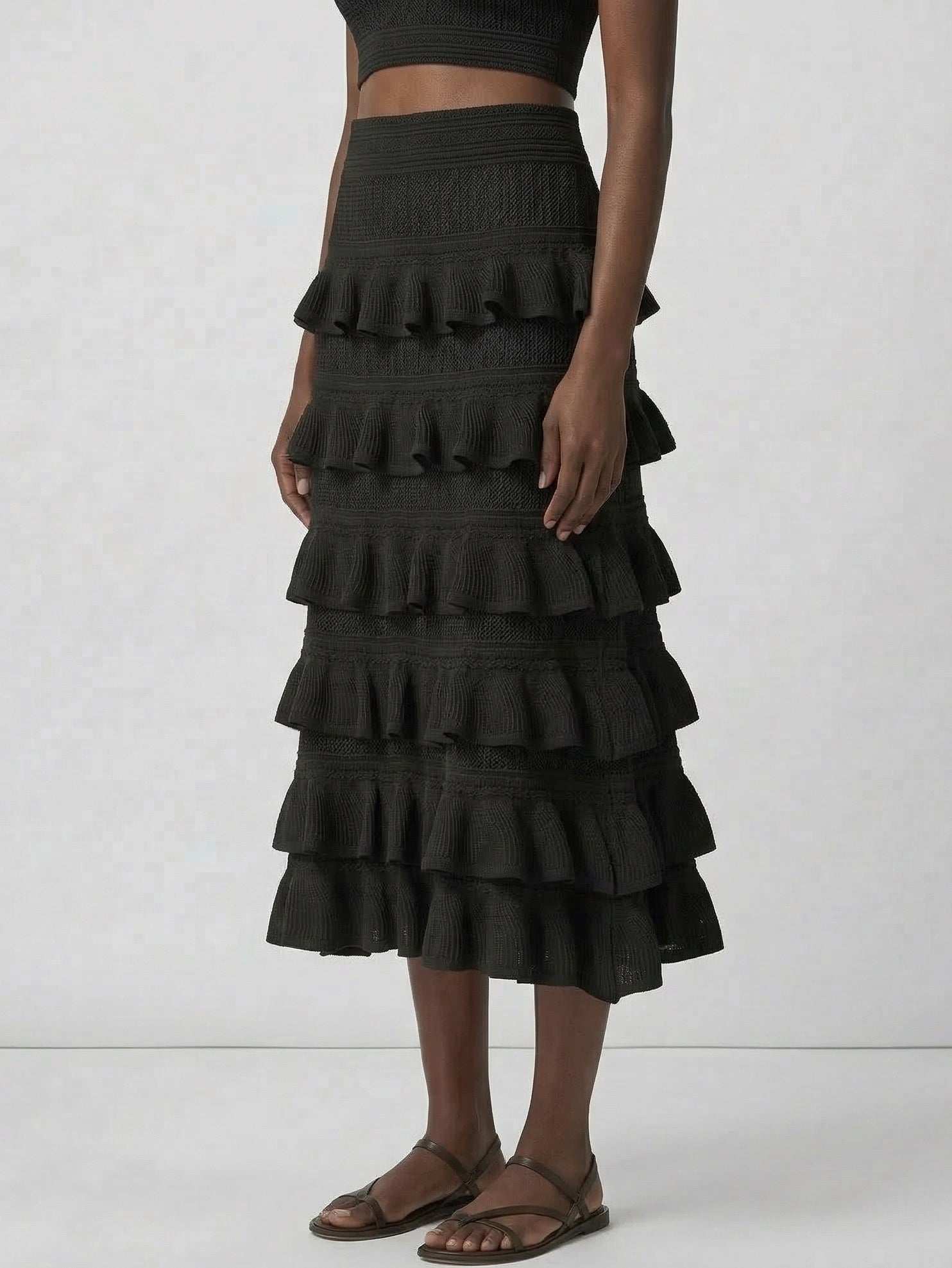 Mesh Knit Tiered Ruffle Midi Skirt - Skirts