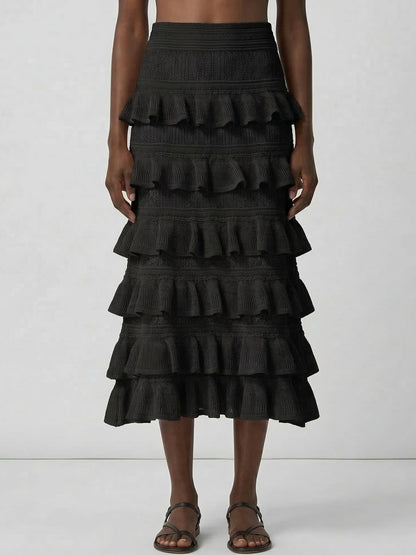Mesh Knit Tiered Ruffle Midi Skirt - Skirts
