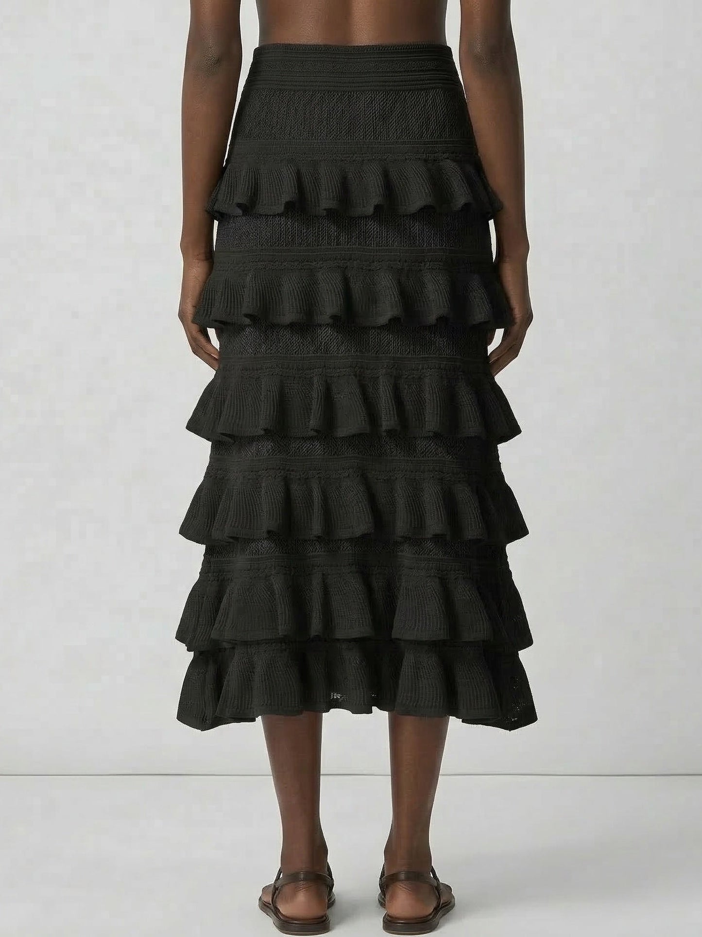 Mesh Knit Tiered Ruffle Midi Skirt - Skirts