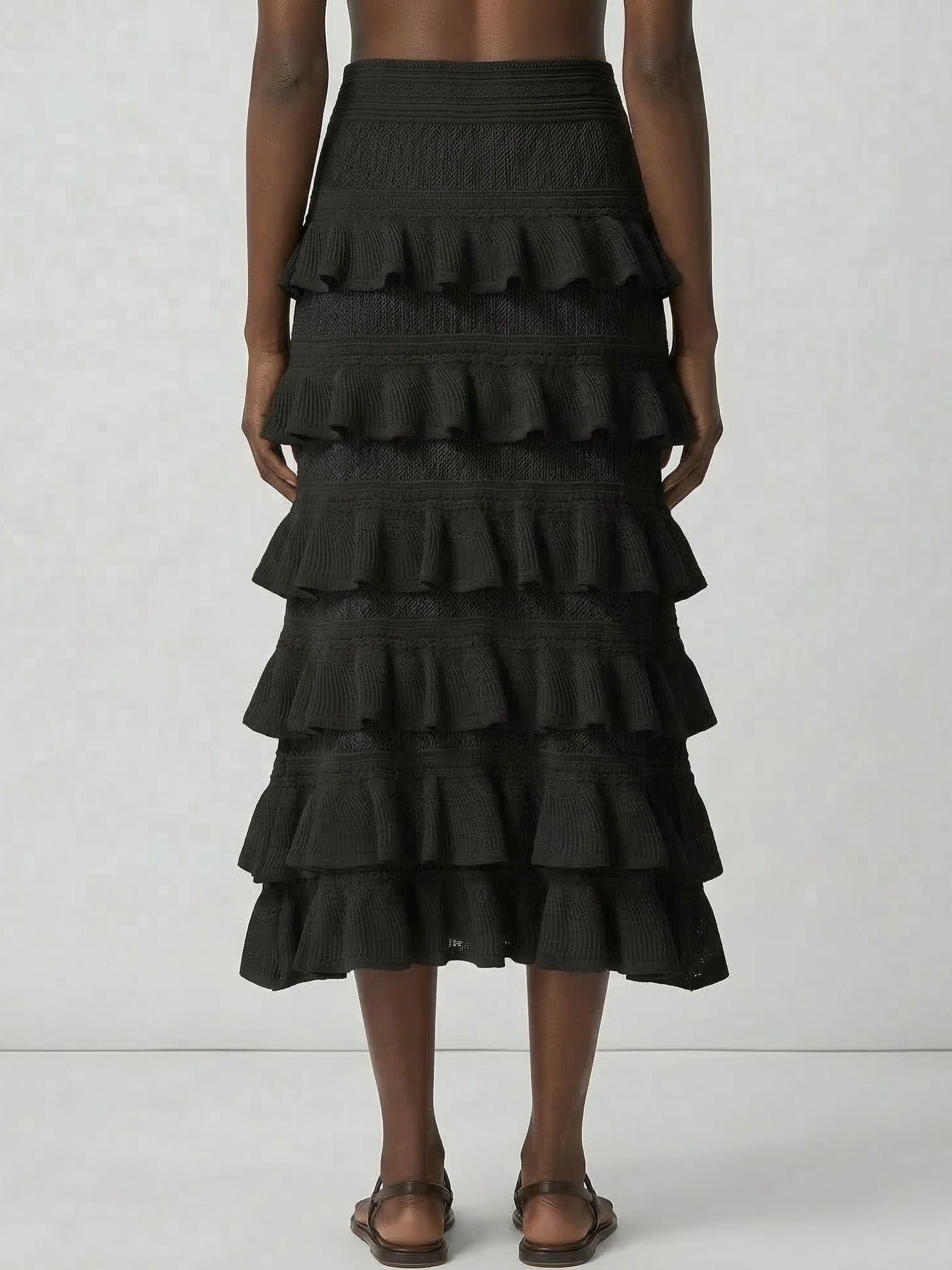 Mesh Knit Tiered Ruffle Midi Skirt - Skirts
