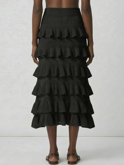 Mesh Knit Tiered Ruffle Midi Skirt - Skirts