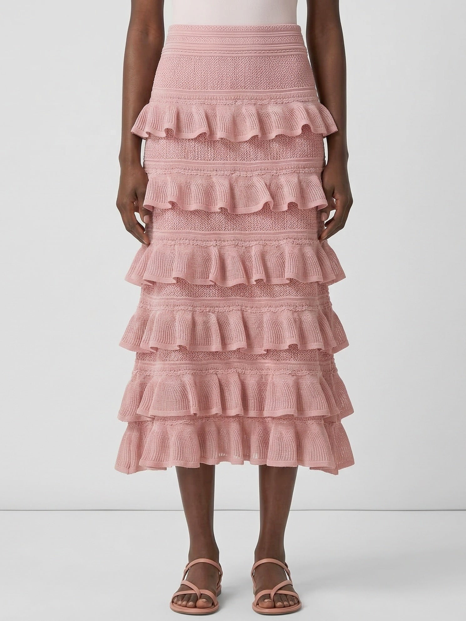 Mesh Knit Tiered Ruffle Midi Skirt - Small / Pink - Skirts