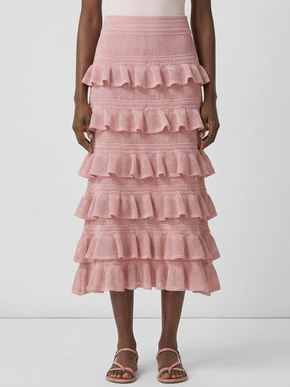 Mesh Knit Tiered Ruffle Midi Skirt - Small / Pink - Skirts