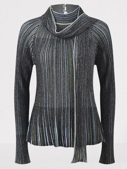 Metallic Ribbed Knit Top and Pants Set with Scarf - Suits & Sets