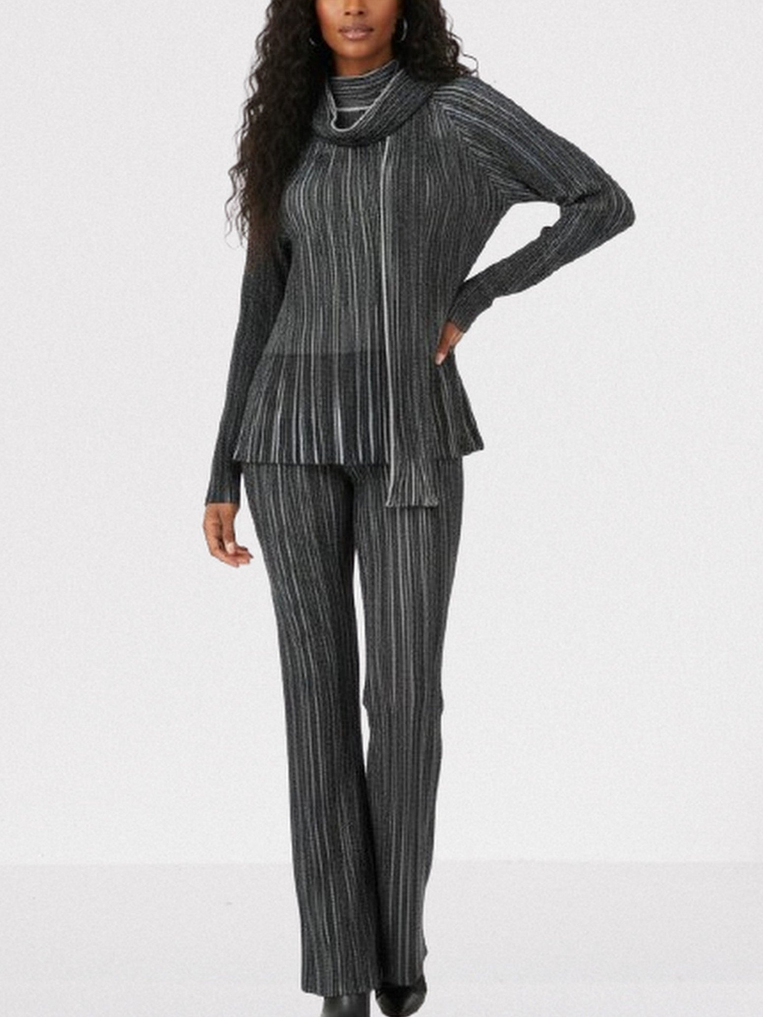 Metallic Ribbed Knit Top and Pants Set with Scarf - Suits & Sets