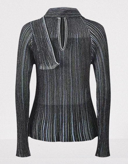 Metallic Ribbed Knit Top and Pants Set with Scarf - Suits & Sets