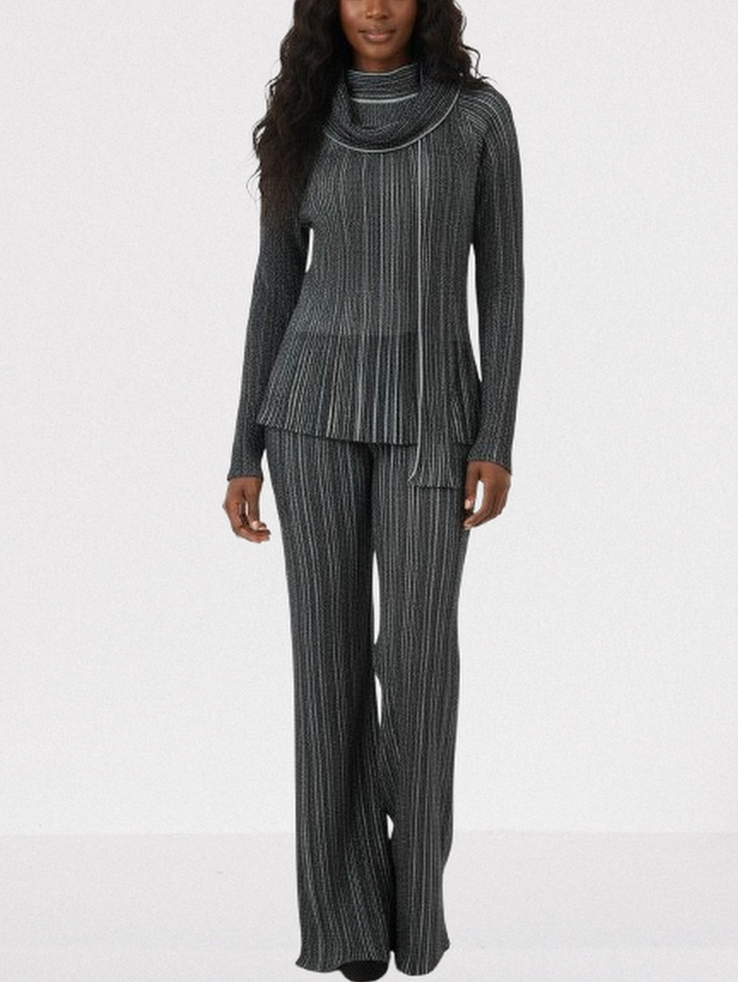 Metallic Ribbed Knit Top and Pants Set with Scarf - Suits & Sets