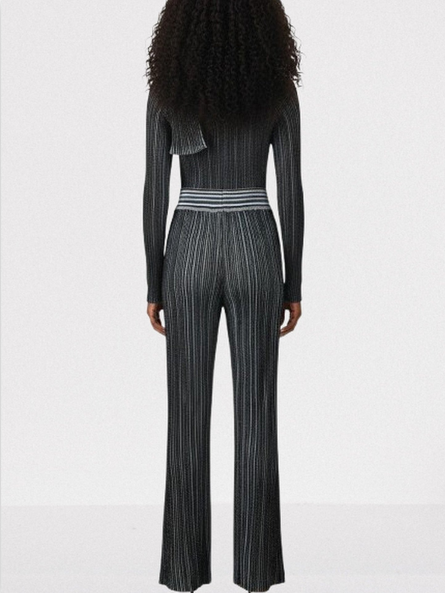 Metallic Ribbed Knit Top and Pants Set with Scarf - Suits & Sets