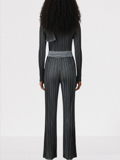 Metallic Ribbed Knit Top and Pants Set with Scarf - Suits & Sets