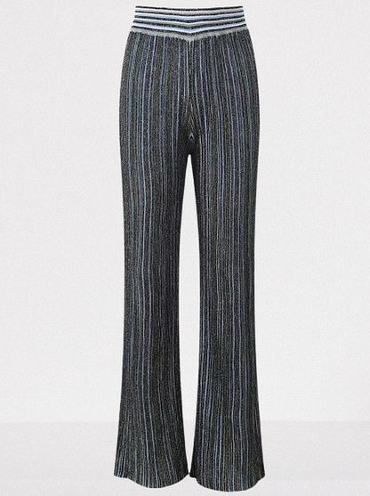 Metallic Ribbed Knit Top and Pants Set with Scarf - Suits & Sets